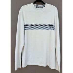 Vtg Bullhead Sweater Mens L Knit White Navy Stripe 90S Crew Neck Pullover Jumper